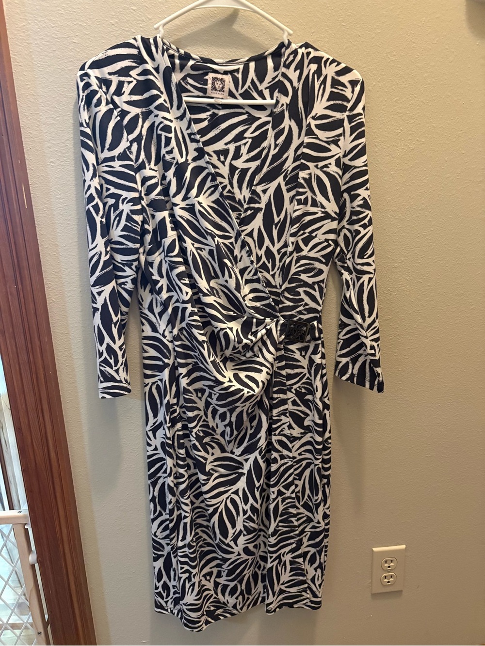 Anne Klein Navy and White Leaf-Print Wrap Dress